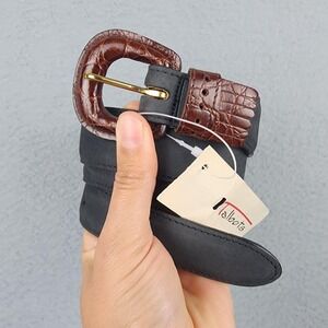 Talbots Belt Womens Medium Black Leather Brown Croc Buckle Gold Tone Fashion